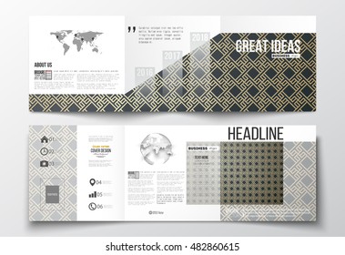 Set of tri-fold brochures, square design templates. Islamic gold pattern with overlapping geometric  shapes forming abstract ornament. Vector stylish golden texture on black background.