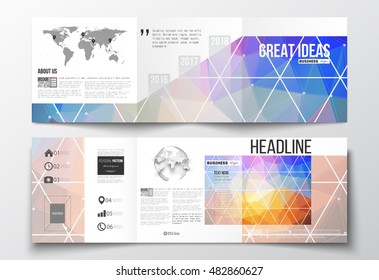 Set of tri-fold brochures, square design templates. Abstract colorful polygonal background, modern stylish triangle vector texture