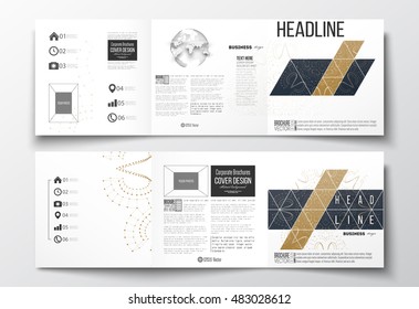 Set of tri-fold brochures, square design templates. Abstract polygonal low poly backdrop with connecting dots and lines, connection structure. Digital or science vector