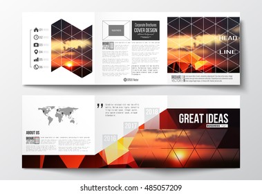 Set of tri-fold brochures, square design templates. Colorful polygonal backdrop, blurred natural background, amazing summer sunset view, modern stylish triangle vector texture