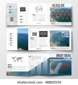Set of tri-fold brochures, square design templates. Colorful polygonal backdrop, blurred background, sea landscape, modern triangle vector texture.