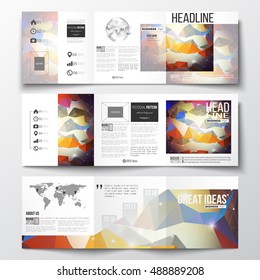 Set of tri-fold brochures, square design templates. Molecular construction with connected lines and dots, scientific pattern on abstract colorful polygonal background, modern triangle vector texture
