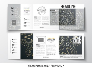 Set of tri-fold brochures, square design templates with element of world globe. Polygonal backdrop with golden connecting dots and lines, connection structure. Digital scientific background