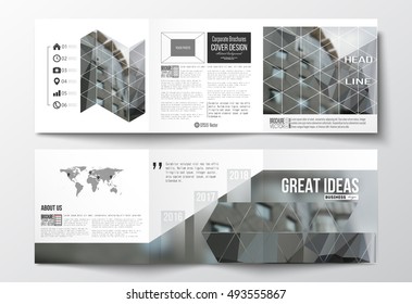 Set of tri-fold brochures, square design templates. Polygonal background, blurred image, urban landscape, modern stylish triangular vector texture.