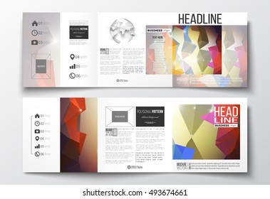 Set of tri-fold brochures, square design templates. Abstract colorful polygonal background, modern stylish triangle vector texture