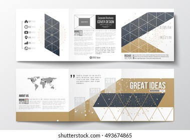 Set of tri-fold brochures, square design templates. Polygonal backdrop with connecting dots and lines, golden background, connection structure. Digital or science vector