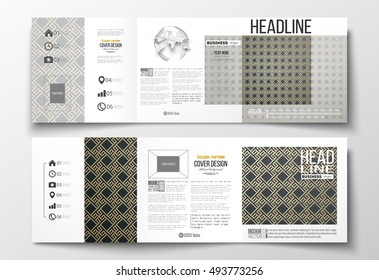 Set of tri-fold brochures, square design templates. Islamic gold pattern with overlapping geometric shapes forming abstract ornament. Vector stylish golden texture on black background.