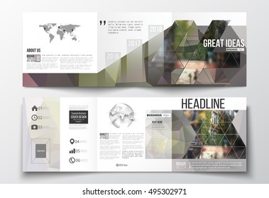 Set of tri-fold brochures, square design templates. Polygonal background, blurred image, urban landscape, street in Montmartre, Paris cityscape, modern triangular vector texture