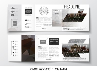 Set of tri-fold brochures, square design templates. Polygonal background, blurred image, urban landscape, Paris cityscape, modern triangular vector texture