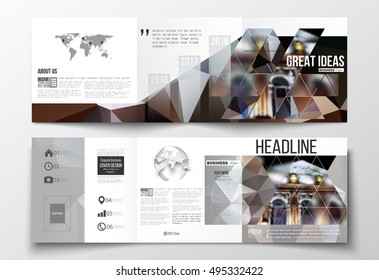 Set of tri-fold brochures, square design templates. Colorful polygonal background, blurred image, night city landscape, modern triangular vector texture