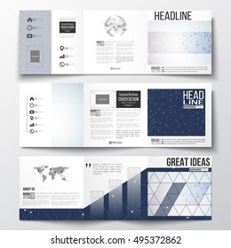 Set of tri-fold brochures, square design templates. Polygonal low poly backdrop with connecting dots and lines, connection structure, blue background. Digital or science vector