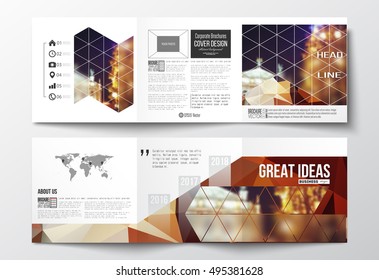 Set of tri-fold brochures, square design templates. Colorful polygonal background, blurred image, night city landscape, festive cityscape, triangular vector texture.