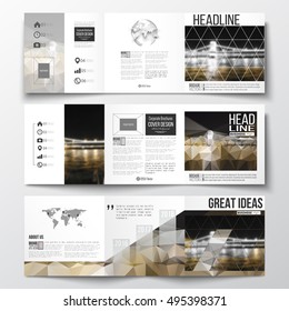 Set of tri-fold brochures, square design templates. Colorful polygonal background, blurred image, night city landscape, modern stylish triangular vector texture.