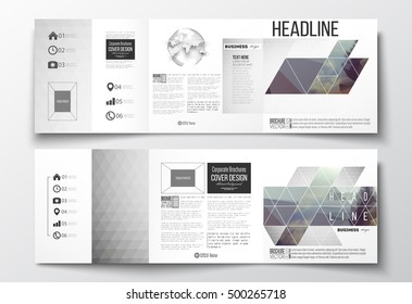 Set of tri-fold brochures, square design templates. Abstract colorful polygonal background, modern stylish triangle vector texture