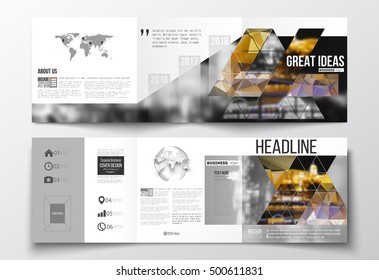 Set of tri-fold brochures, square design templates. Colorful polygonal background, blurred image, night city landscape, modern stylish triangular vector texture.