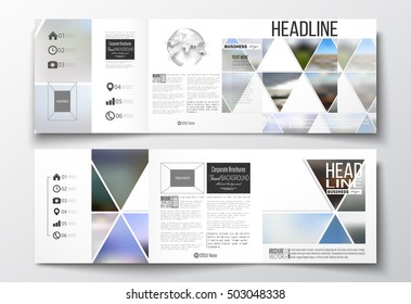 Set of tri-fold brochures, square design templates. Abstract colorful polygonal background, natural landscapes, geometric, triangular style vector illustration