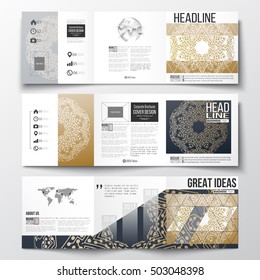 Set of tri-fold brochures, square design templates. Golden microchip pattern, connecting dots and lines, connection structure. Digital scientific background