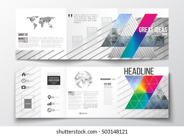 Set of tri-fold brochures, square design templates. Abstract colorful polygonal background, modern stylish triangle vector texture.