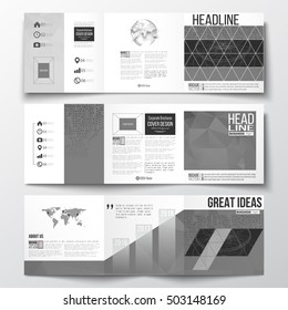 Set of tri-fold brochures, square design templates. Microchip background, electrical circuits, abstract construction with connected lines, scientific or digital pattern on gray