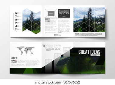 Set of tri-fold brochures, square design templates. Colorful polygonal backdrop, blurred natural background, modern stylish triangle vector texture.