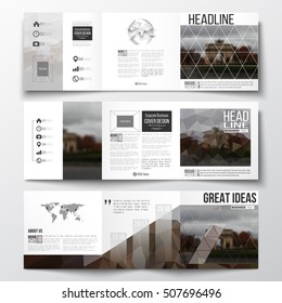 Set of tri-fold brochures, square design templates. Polygonal background, blurred image, urban landscape, Paris cityscape, modern triangular vector texture