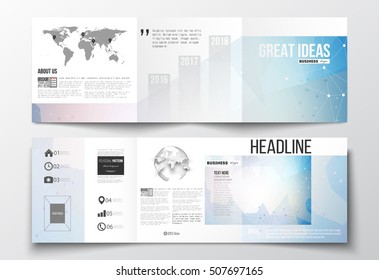 Set of tri-fold brochures, square design templates. Abstract colorful polygonal background, modern stylish triangle vector texture