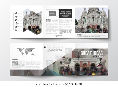 Set of tri-fold brochures, square design templates. Polygonal background, blurred image, cathedral Sakre-Ker, Paris cityscape, modern triangular vector texture