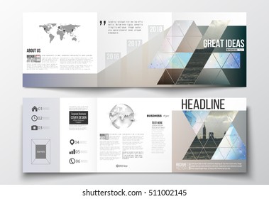 Set of tri-fold brochures, square design templates . Abstract colorful polygonal backdrop with blurred image, modern stylish triangular vector texture
