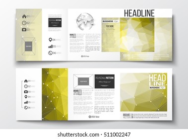 Set of tri-fold brochures, square design templates. Molecular construction, connected lines and dots, scientific pattern on abstract yellow polygonal background, modern stylish triangle vector texture