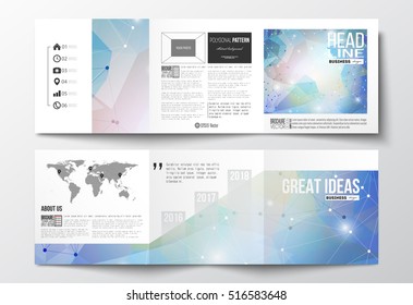 Set of tri-fold brochures, square design templates. Abstract colorful polygonal background, modern stylish triangle vector texture.