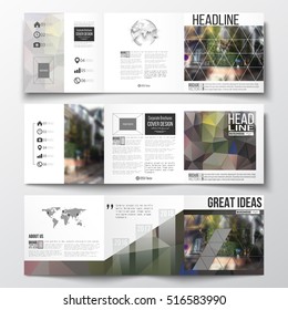 Set of tri-fold brochures, square design templates. Polygonal background, blurred image, urban landscape, street in Montmartre, Paris cityscape, modern triangular vector texture