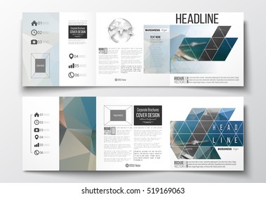 Set of tri-fold brochures, square design templates. Colorful polygonal backdrop, blurred background, sea landscape, modern triangle vector texture.