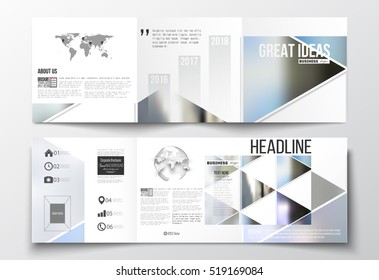 Set of tri-fold brochures, square design templates. Abstract colorful polygonal background, natural landscapes, geometric, triangular style vector illustration