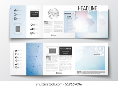 Set of tri-fold brochures, square design templates. Abstract colorful polygonal background, modern stylish triangle vector texture.