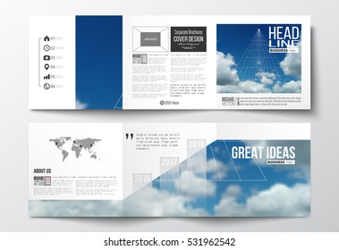 Set of tri-fold brochures, square design templates. Beautiful blue sky, abstract geometric background with white clouds, leaflet cover, business layout, vector illustration.