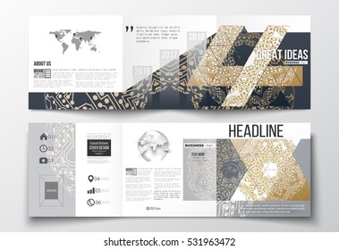 Set of tri-fold brochures, square design templates. Golden microchip pattern, connecting dots and lines, connection structure. Digital scientific background