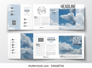 Set of tri-fold brochures, square design templates. Beautiful blue sky, abstract background with white clouds, leaflet cover, business layout, vector illustration