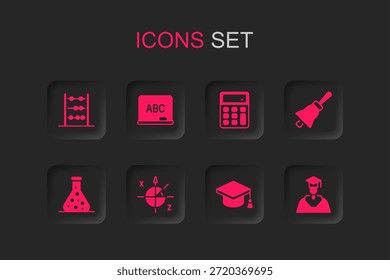 Círculo trigonométrico, pizarra, ábaco, gorra de graduación, timbre, graduado y graduación, calculadora e icono de tubo de ensayo. Vector