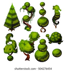 Set of trimmed shrubs in the shape of animals for landscaping. Ideas for decorating the garden or Park. Vector illustration.