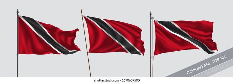 Set of Trinidad and Tobago waving flag on isolated background vector illustration. 3 wavy realistic flag as a symbol of patriotism