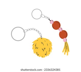 Set of trinkets concept. Toys on pendant for keys. Keychains pack. Yellow fluffy ball. Backpack accessories and decorations. Cartoon flat vector collection isolated on white background