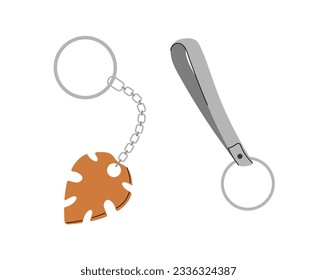 Set of trinkets concept. Toys on pendant for keys. Keychains pack. Orange steel leaf. Stickers for social networks and messengers. Cartoon flat vector collection isolated on white background