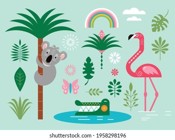 Set of triopical exotic illustrations, design elements. Koala bear on the palm, crocodile, flamingo