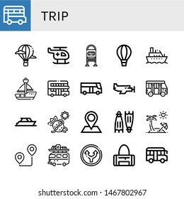 Set of trip icons such as Bus, Hot air balloon, Helicopter, Bus stop, Boat, Sailboat, Touristic, Small plane, School bus, Yacht, Sunbathing, Pin, Flippers, Honeymoon, Route , trip