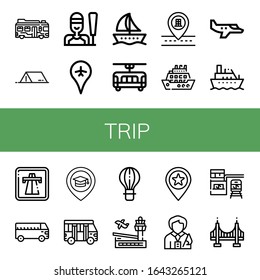Conjunto de iconos de viaje. Tales como Autobús, Tienda, Vela, Aeropuerto, Barco, Tram, Pasaje, Crucero, Pequeño Avión, Carretera, Plaza, Bus Escolar, Globo de aire caliente, Guía Tour estación , Iconos del viaje