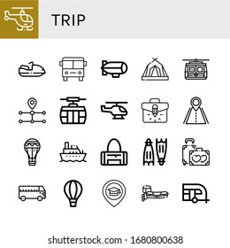 Set of trip icons. Such as Helicopter, Motorboat, Bus, Zeppelin, Tent, Cable car, Route, Briefcase, Road, Air balloon, Boat, Sport bag, Flippers, Honeymoon, Hot air balloon , trip icons