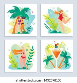 Set Trip and Rest on Tropical Island Cartoon. Ideas Outdoor Activities on Beach for Single Women. Gymnastics and Dancing at Resort. Cocktails and Drinks Around Clock. Vector Illustration.