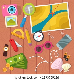 Set of trip stuff on wooden background. Modern flat style vector illustration.