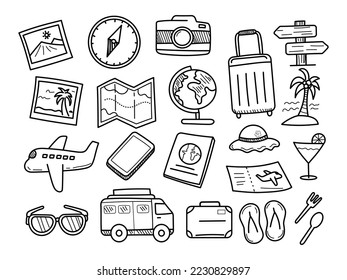 Set of trip and travel doodles with cute hand-drawn style isolated on white background