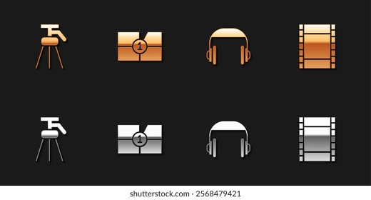 Set Tripod, Old film movie countdown frame, Headphones and Play Video icon. Vector